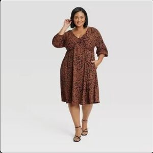 Dolman 3/4 Sleeve Knit Empire Waist Dress in Brown Houndstooth Size XXL